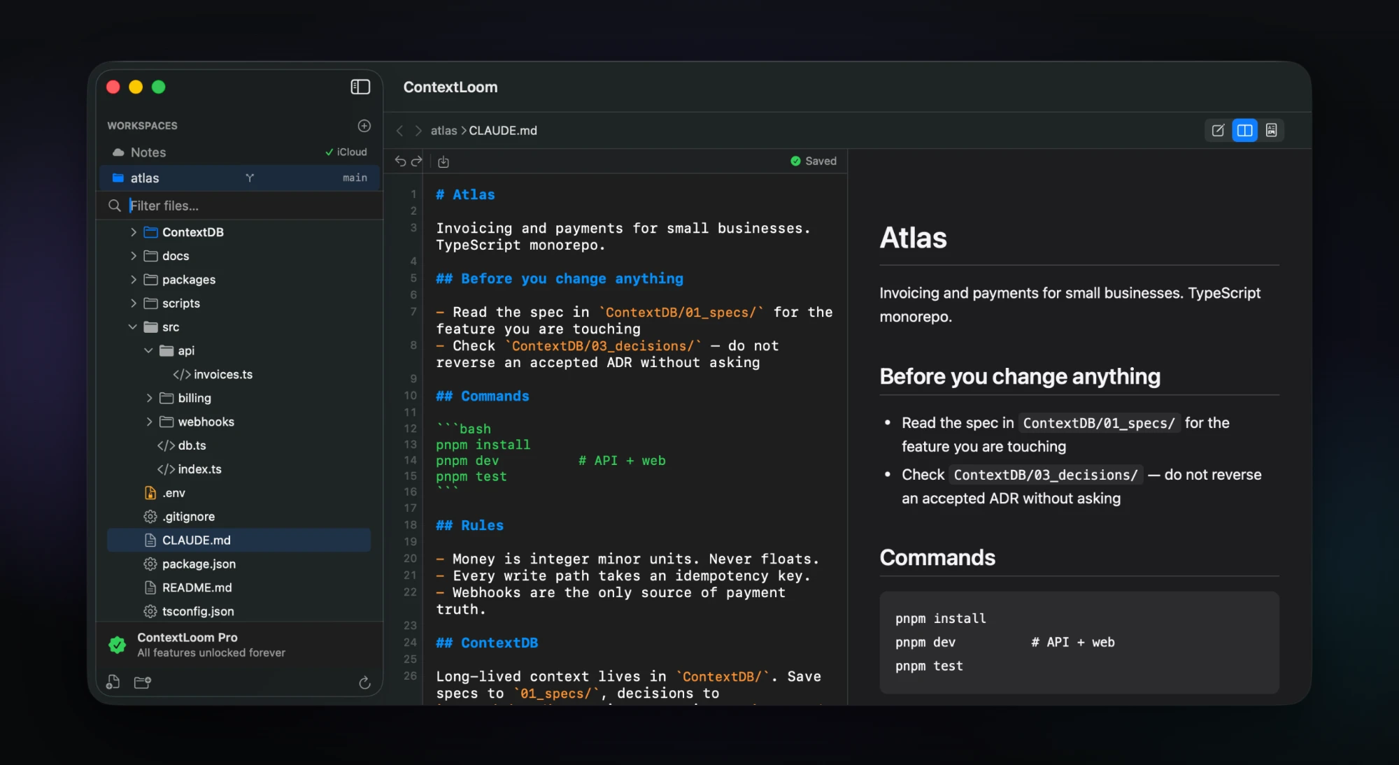 The project's CLAUDE.md in ContextLoom, telling the agent to read ContextDB/01_specs and check ContextDB/03_decisions before changing anything.