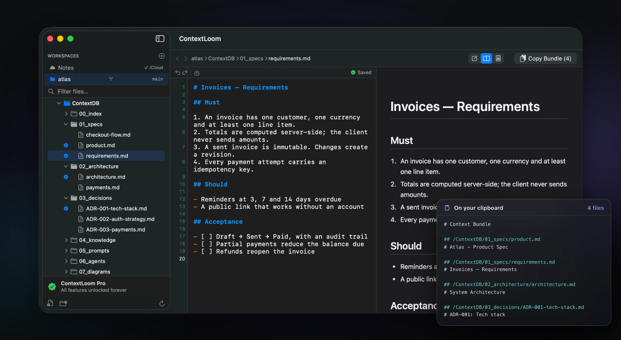 ContextLoom with four ContextDB files checked in the sidebar, the requirements spec open in split view, and a Copy Bundle (4) button in the toolbar. Beside the window, the bundle's text as it lands on the clipboard.