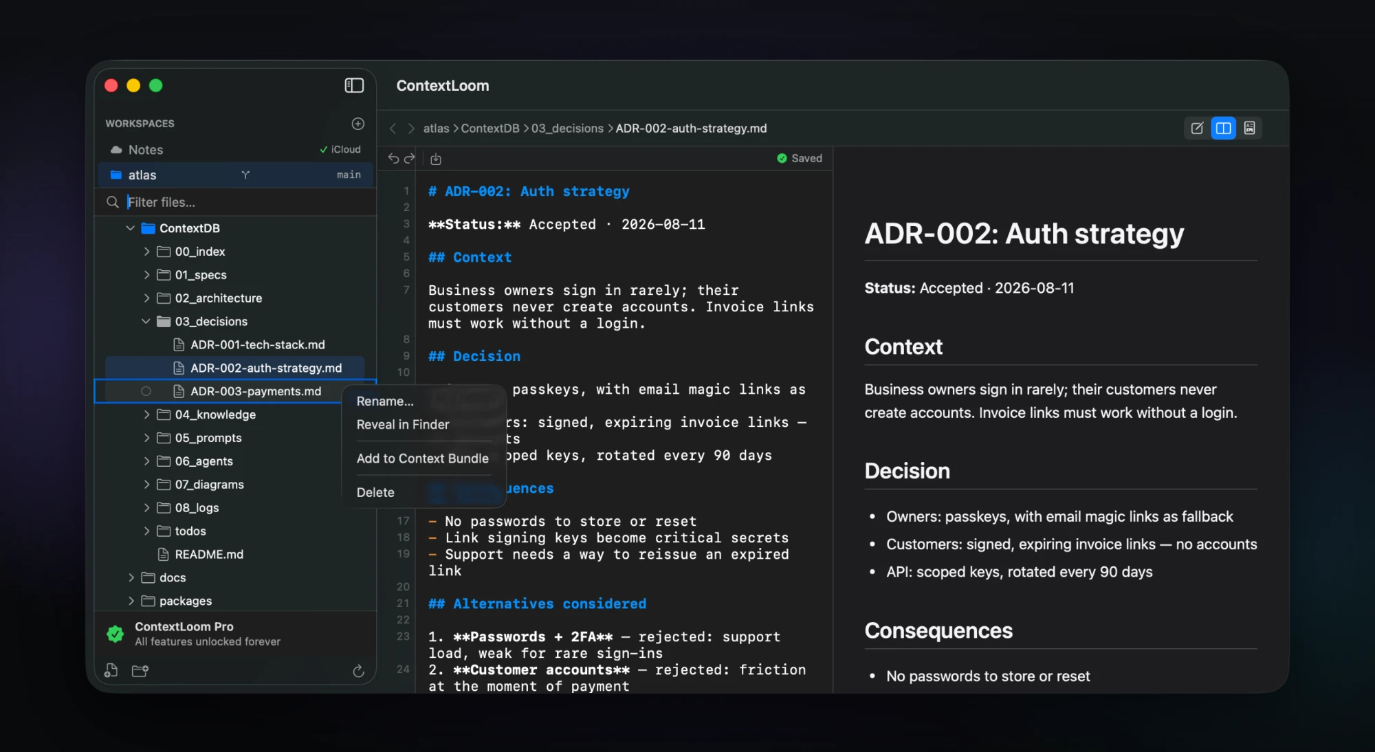 An auth-strategy ADR open in ContextLoom, with the right-click menu on another decision record showing Add to Context Bundle.