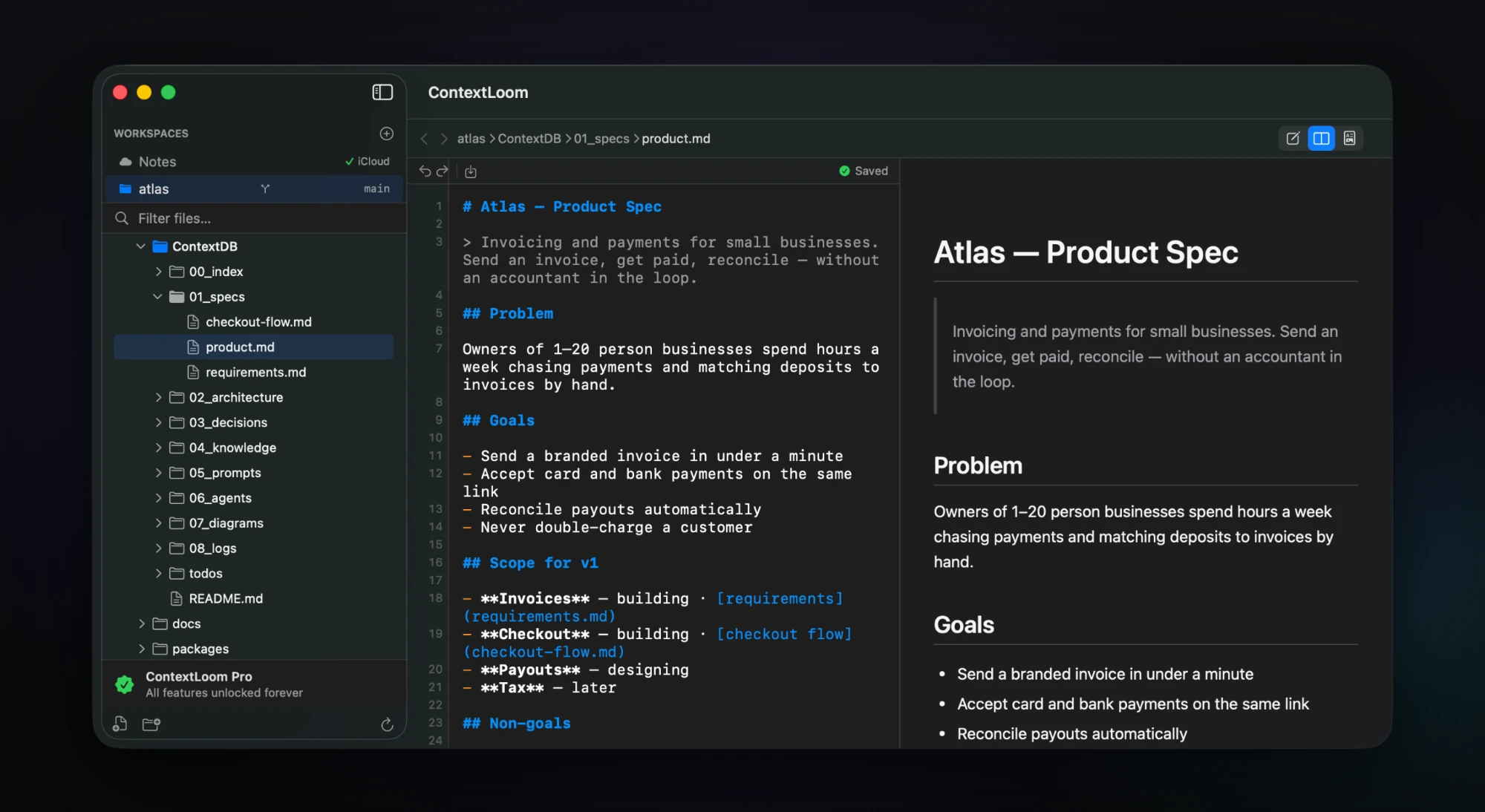 The Atlas product spec in ContextLoom's split view: problem, goals and scope in Markdown, rendered alongside.